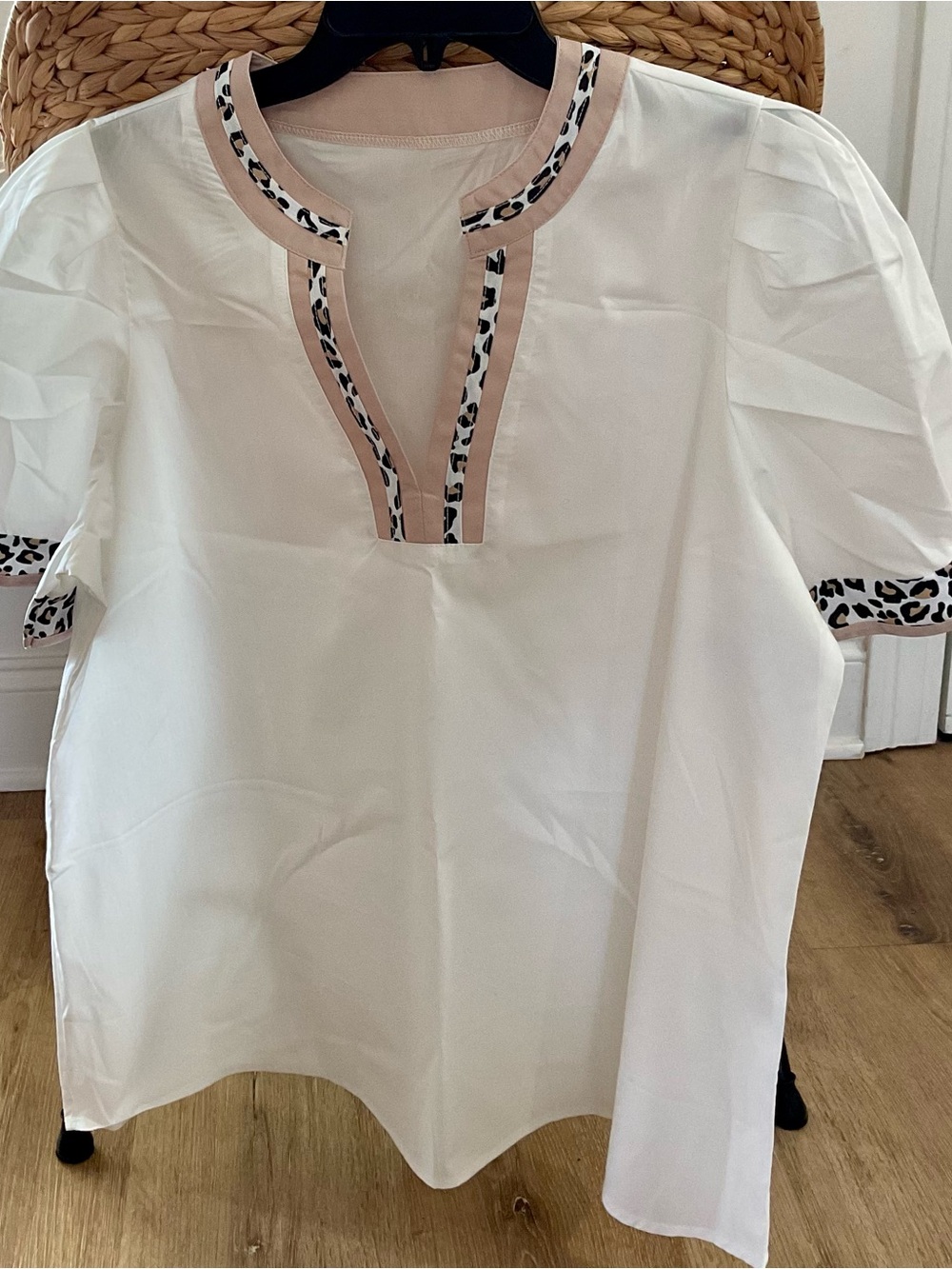 White & Blush Leopard-Trim Women's Popover Top